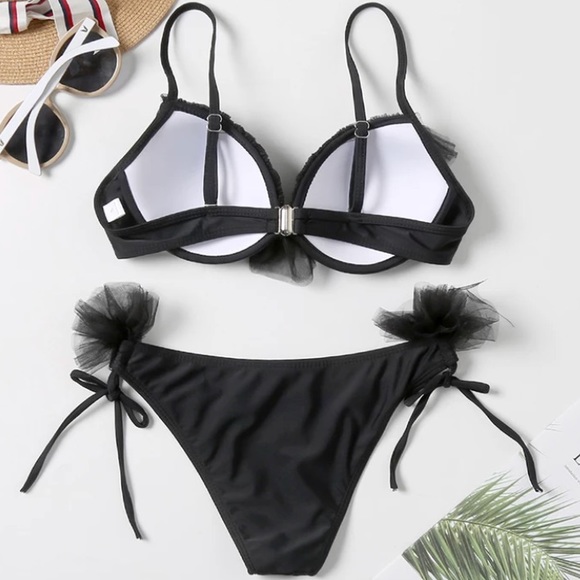 CLEARANCE Black Tulle Ruffle Romantic 2Pc Bikini Swimsuit - Picture 6 of 8